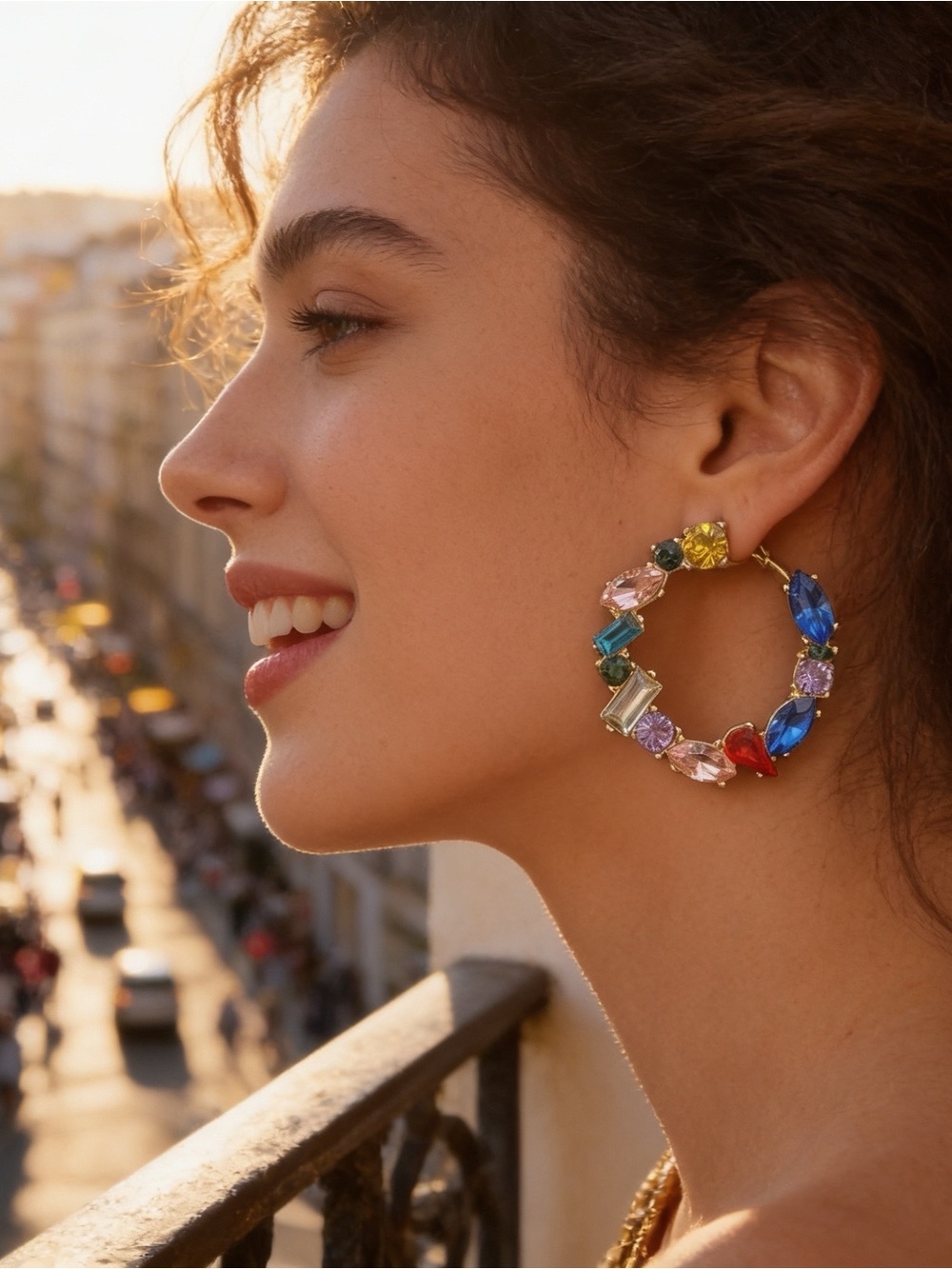 Rainbow Multi-Color Crystal Open C Hoop Earrings Statement Rhinestone Gold Tone